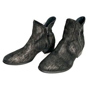 Seychelles Lucky Penny Bootie Graphite Metallic Leather Side Zip Low Block Heel